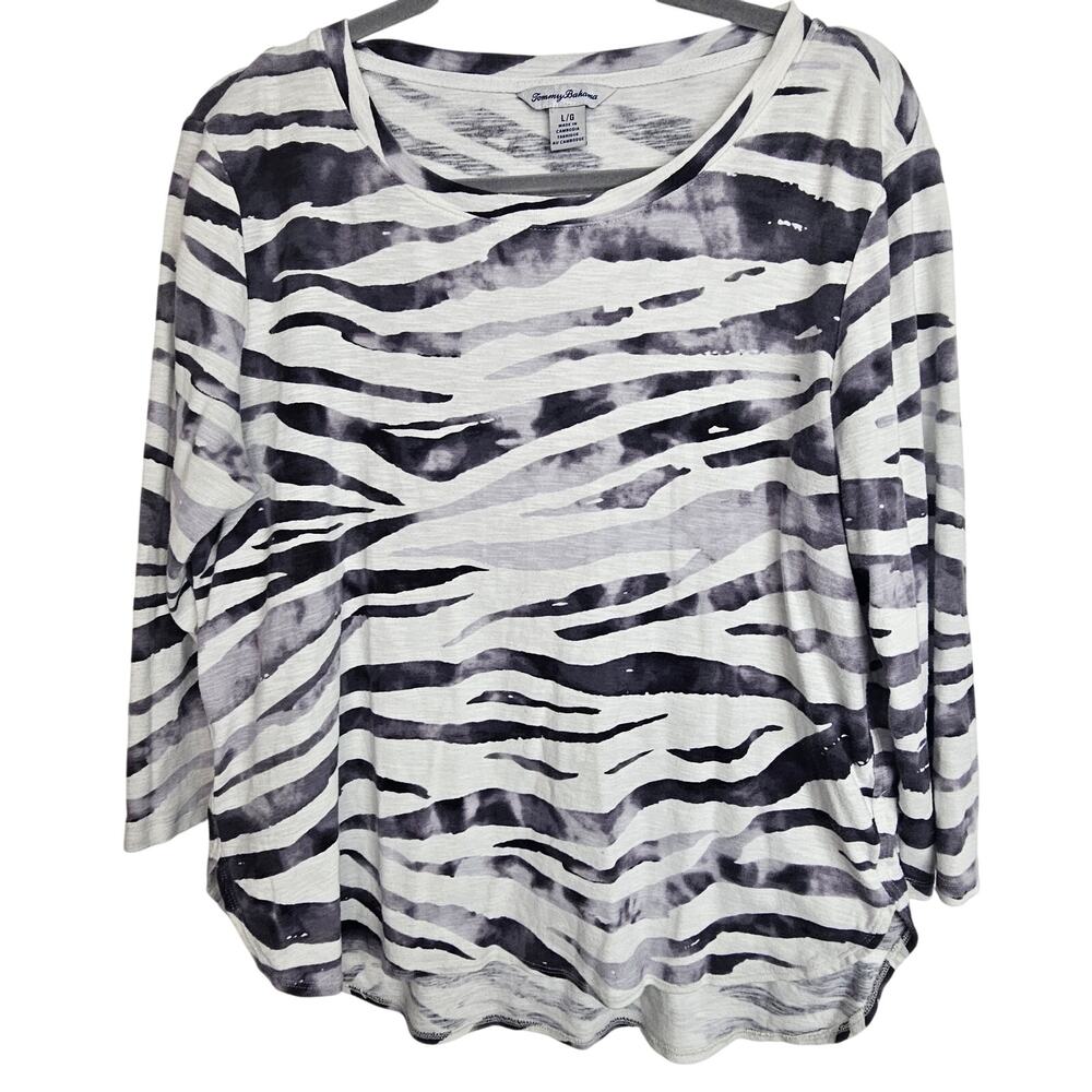 Tommy Bahama Womens Zebra Print T-Shirt Sz L Safari Travel Vacation Lightweight